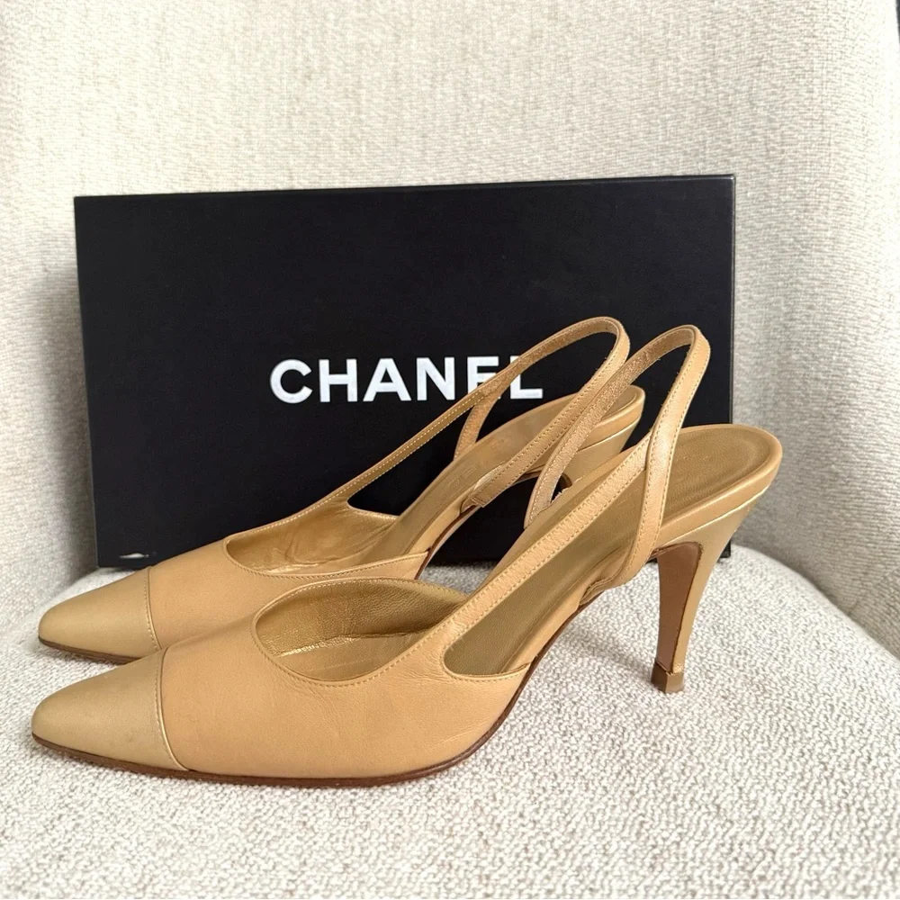 Authentic Chanel slingback pumps beige gold